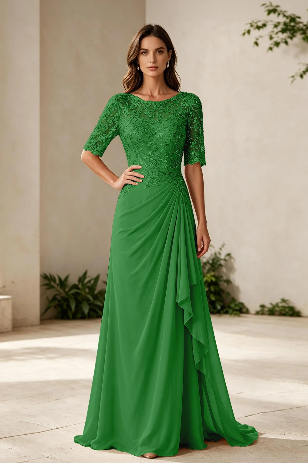 Champagne Lace Bodice Three-Quarter Sleeve Draped Side Chiffon Floor-Length Dress