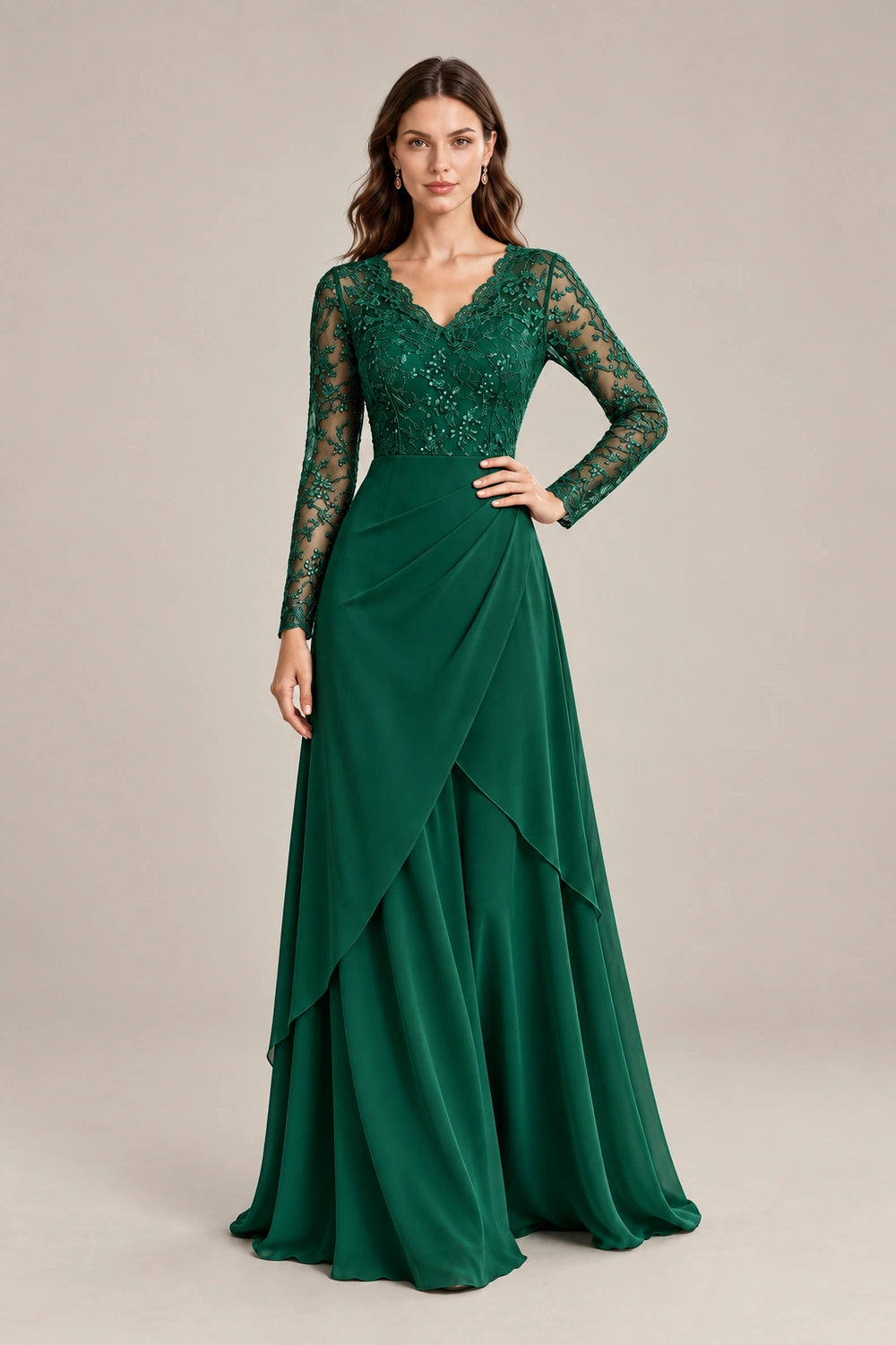 Lace Long-Sleeve Draped Ruffle Chiffon Floor-Length Dress