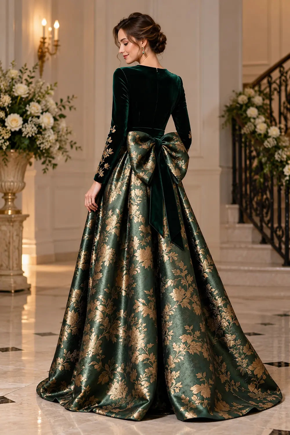 Emerald Green Floral Skirt and Back Bow Mother of the Bride Gown