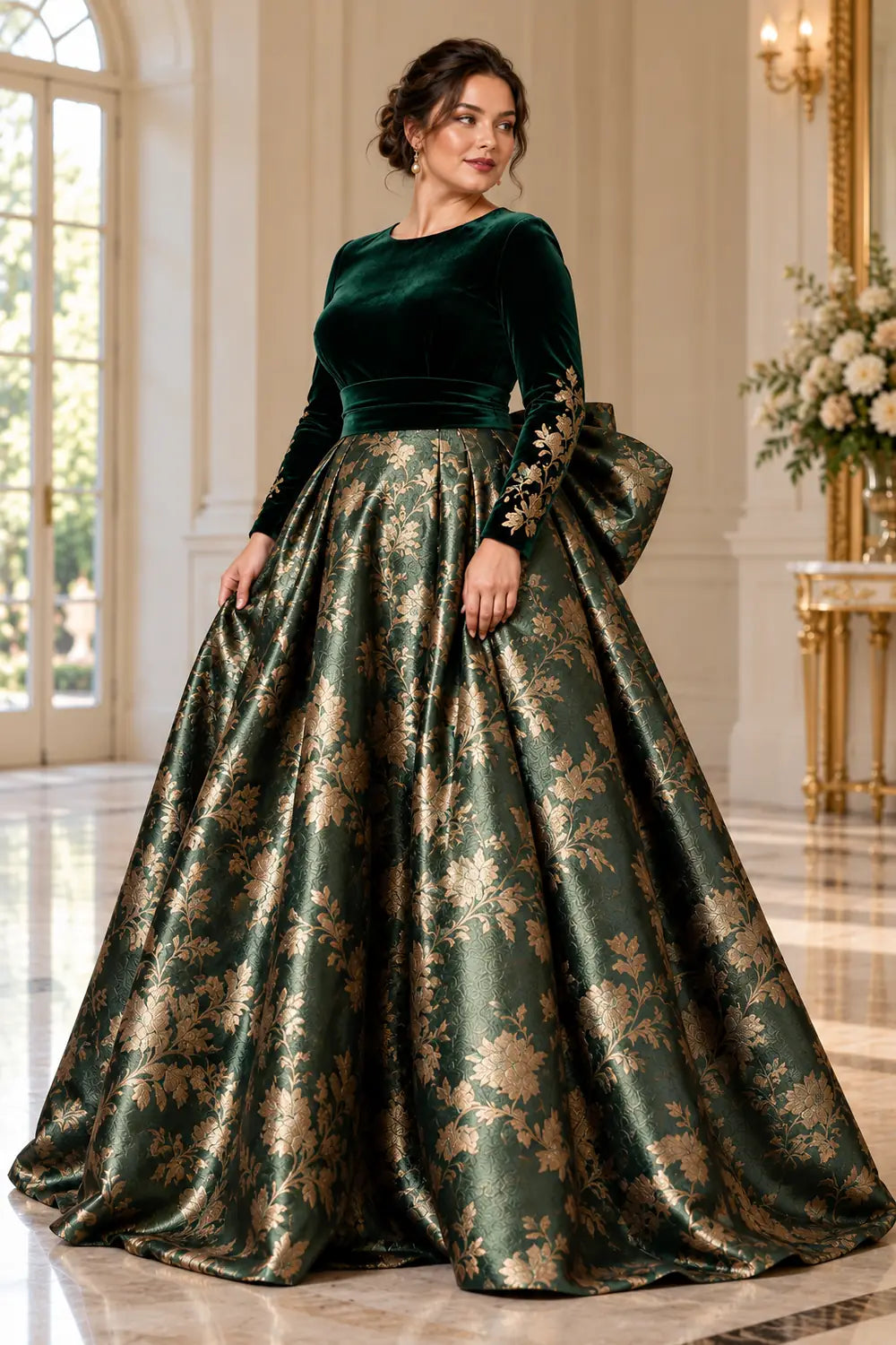 Emerald Green Floral Skirt and Back Bow Mother of the Bride Gown