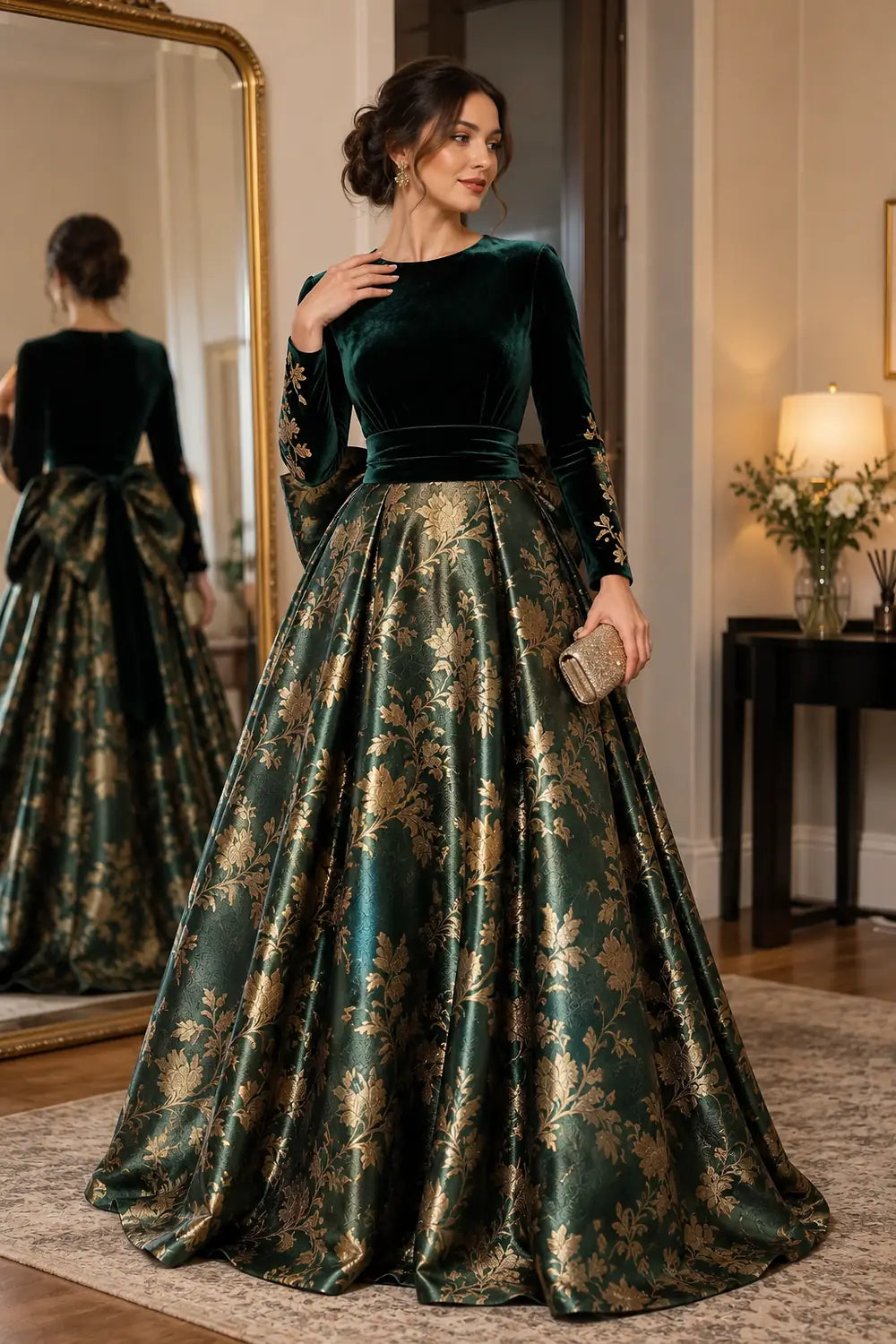 Emerald Green Floral Skirt and Back Bow Mother of the Bride Gown