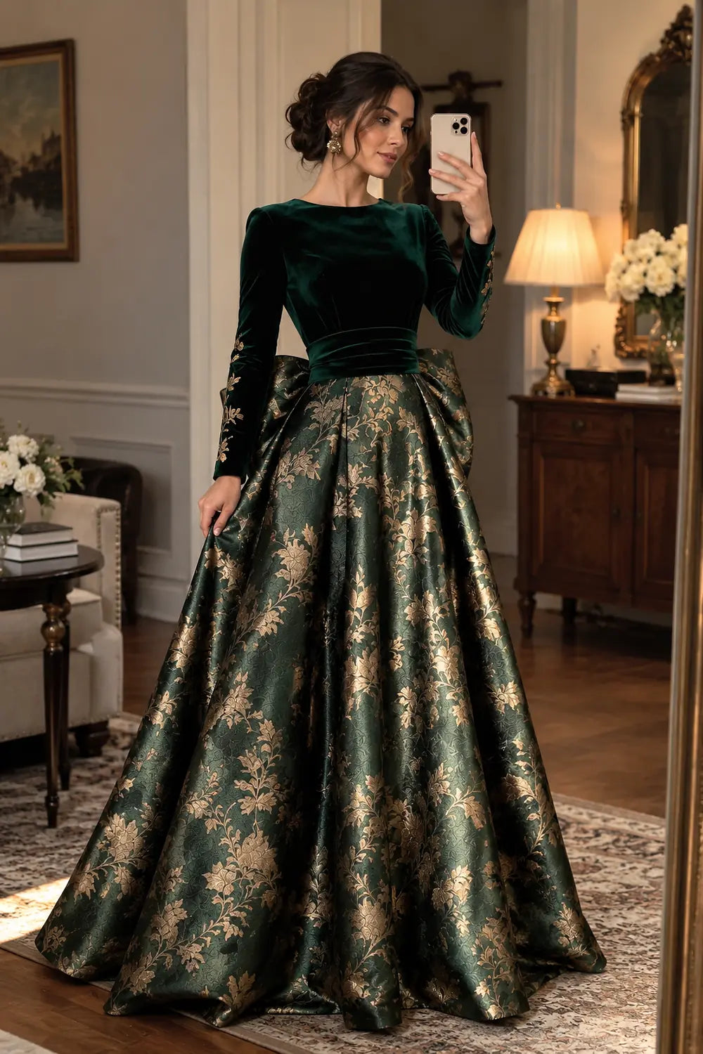 Emerald Green Floral Skirt and Back Bow Mother of the Bride Gown