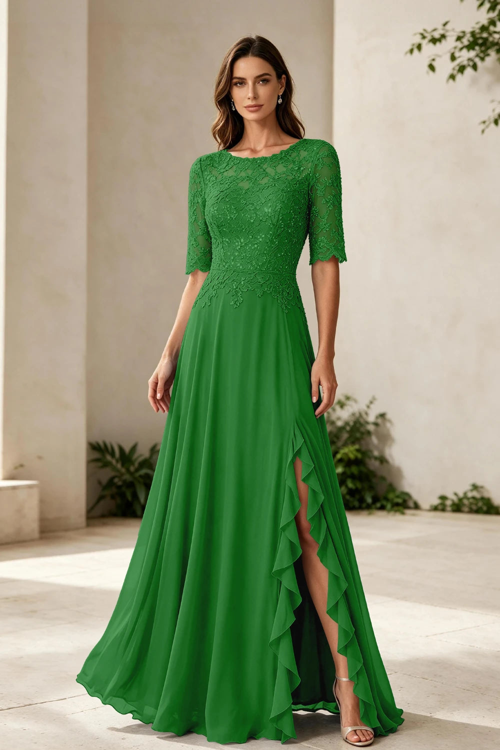 Dusty Blue Lace Bodice Three-Quarter Sleeve Ruffle Slit Chiffon Floor-Length Dress