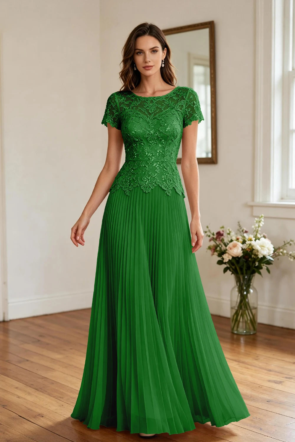 Champagne Lace Short Sleeve Pleated Chiffon Floor-Length Dress