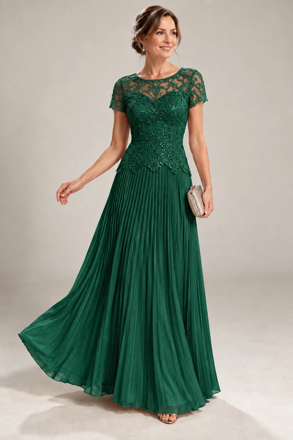 Lace Short Sleeve Pleated Chiffon Floor-Length Dress