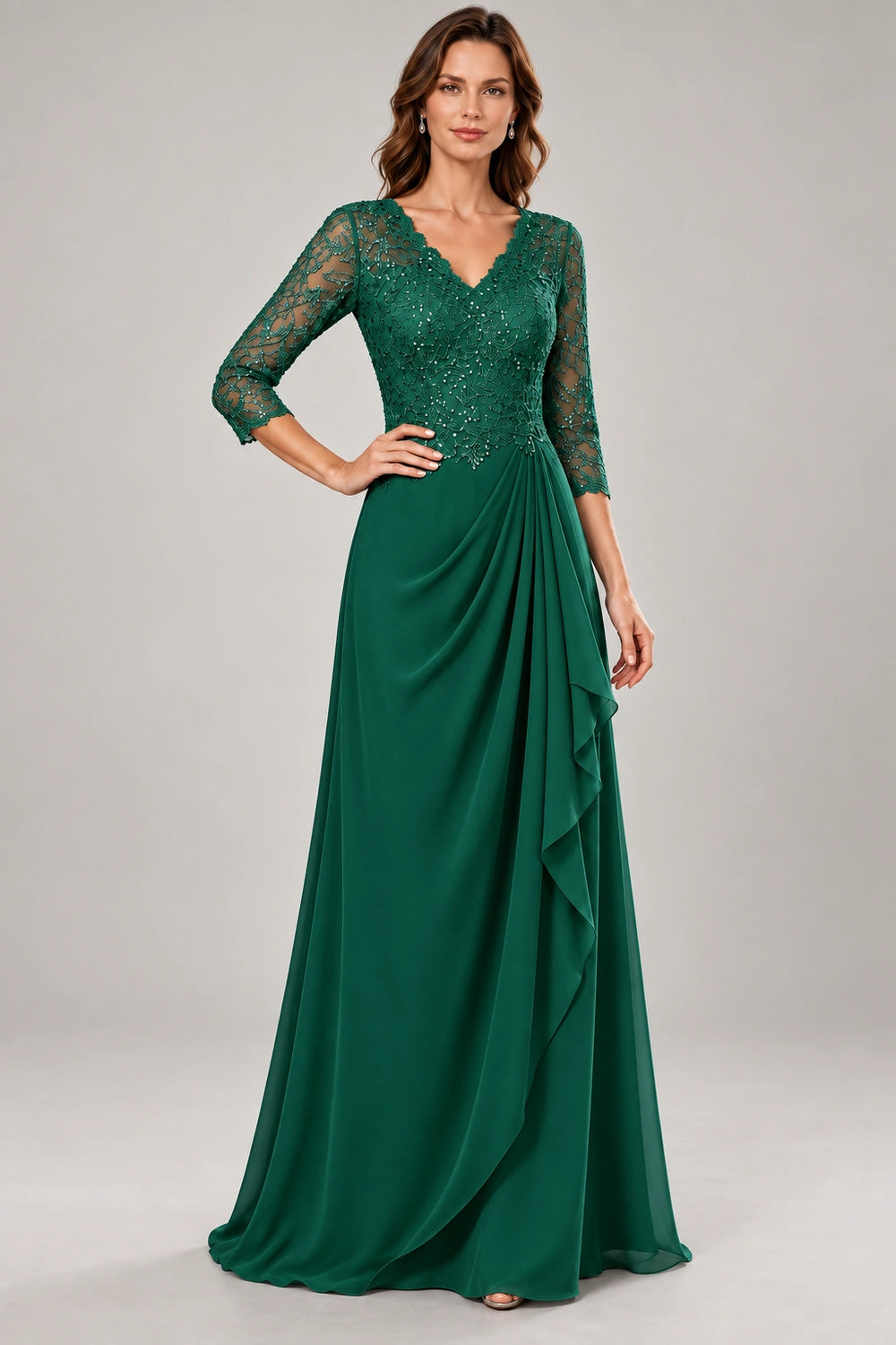 Lace Three-Quarter Sleeve Draped Cascade Chiffon Floor-Length Dress