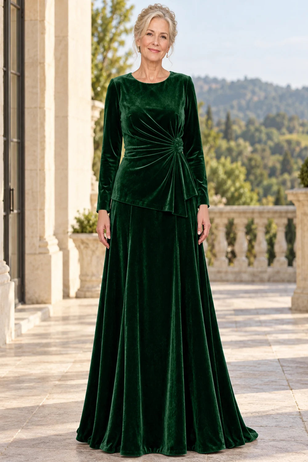 Front view of a emerald green dress with a ruched front and side rosette.
