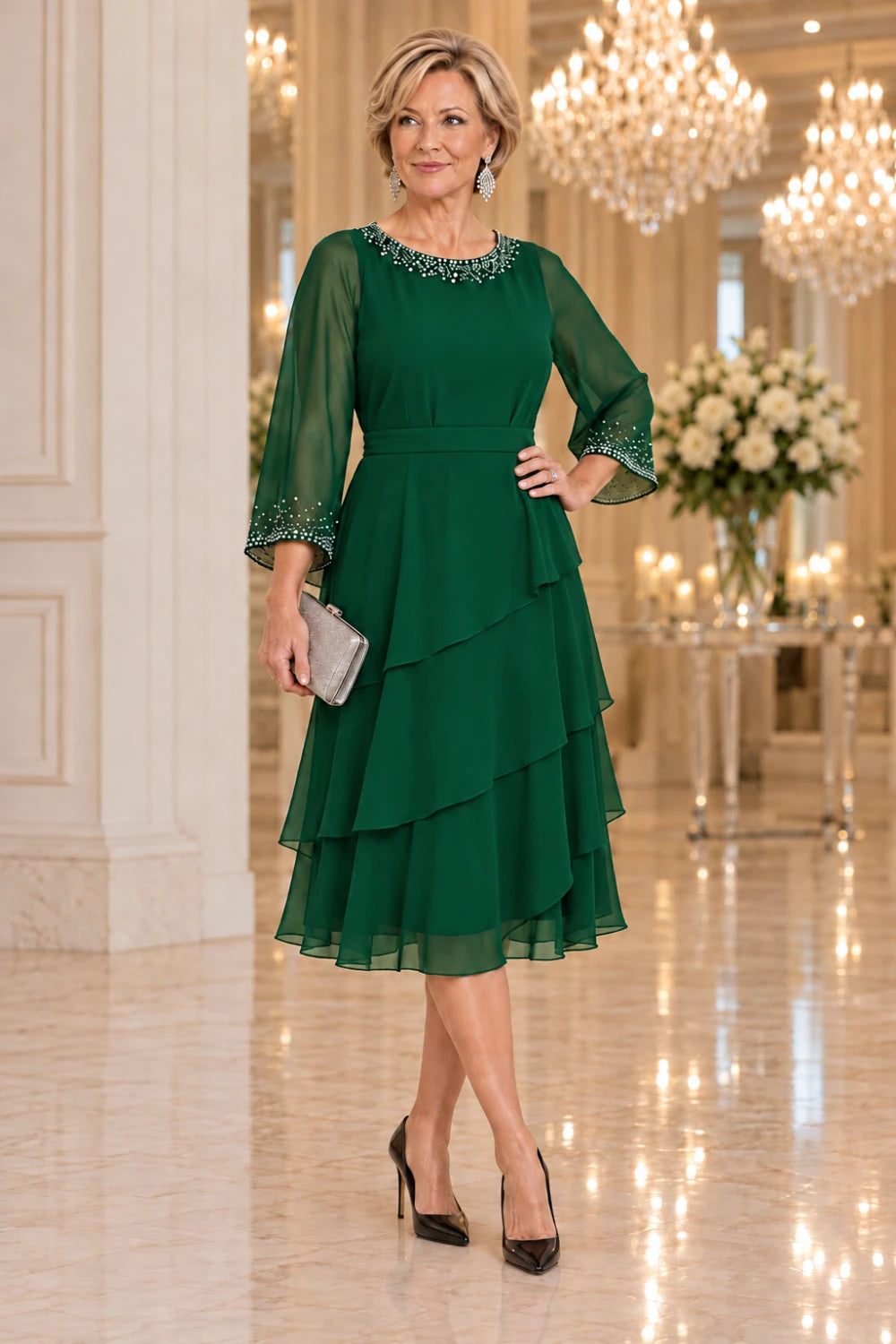 Emerald green midi dress with bright neckline trim and three overlapping skirt flounces, front view.