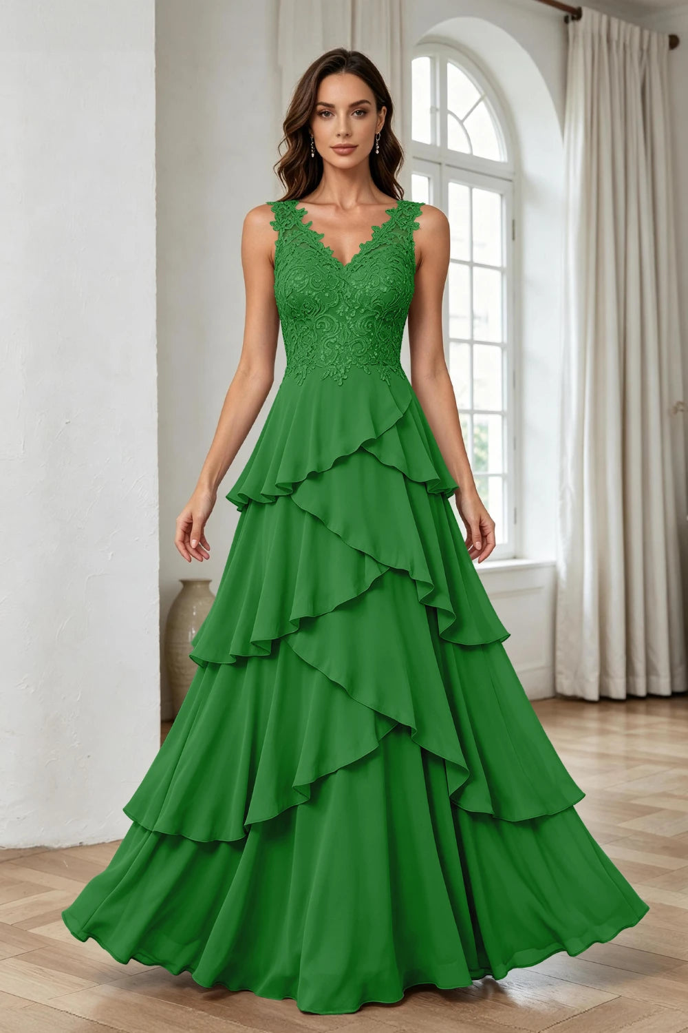 Silver Gray Lace Sleeveless Tiered Chiffon Floor-Length Dress