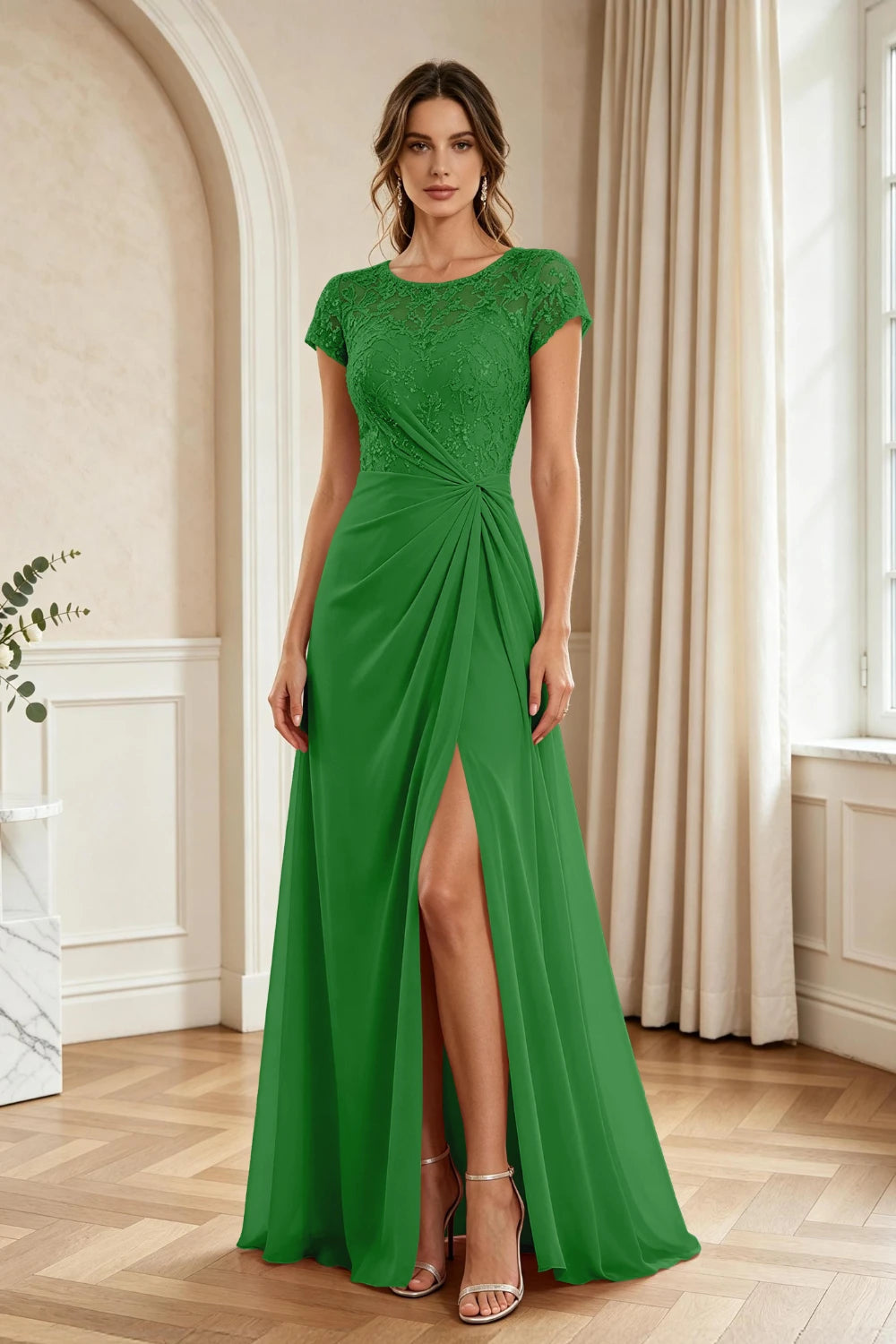 Dusty Rose Lace Cap-Sleeve Draped Chiffon Floor-Length Dress