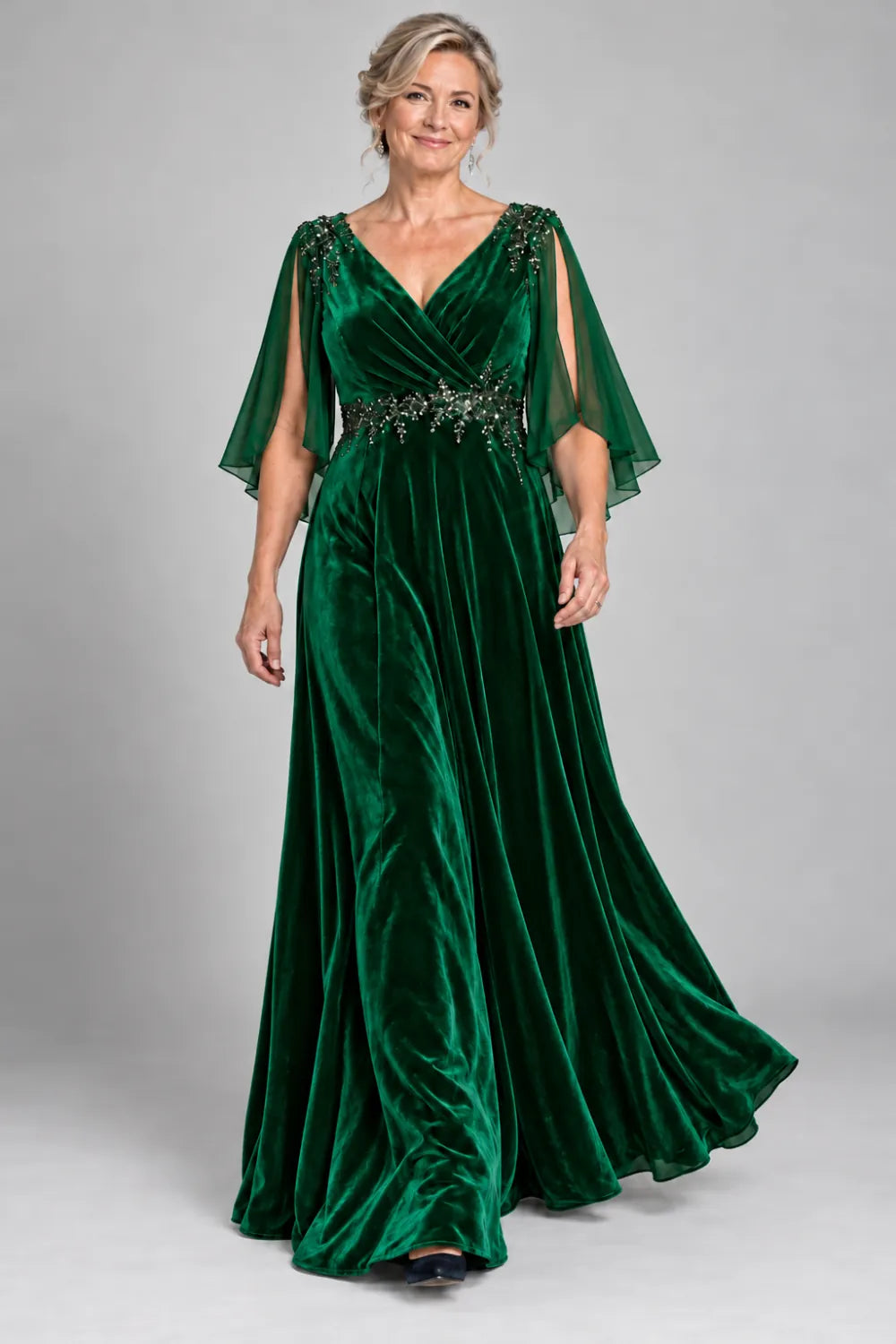 Emerald Green dress with crossover bodice and decorated waist, front view.