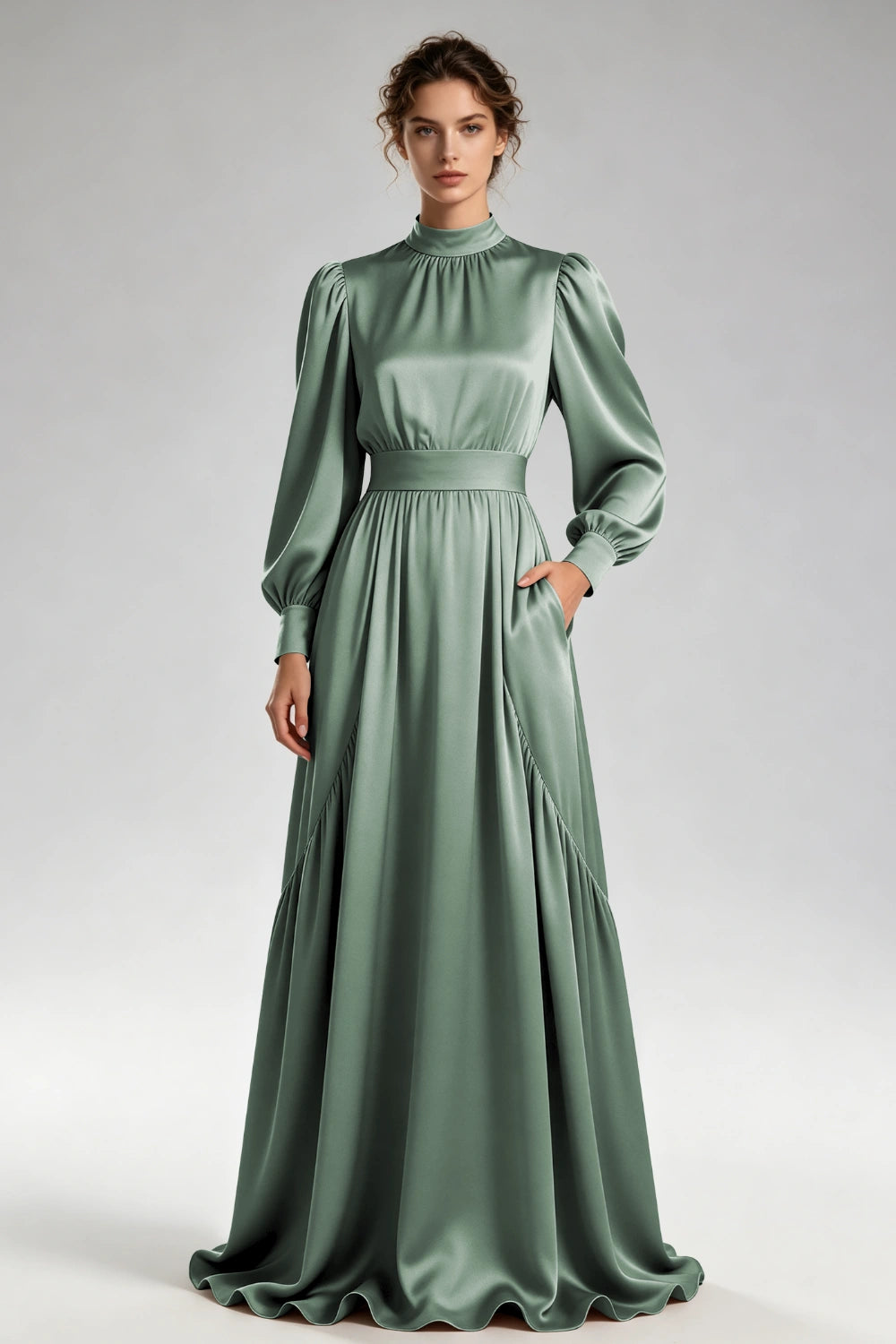 Front view of the forest green high-neck gown with bishop sleeves and a wide waistband.