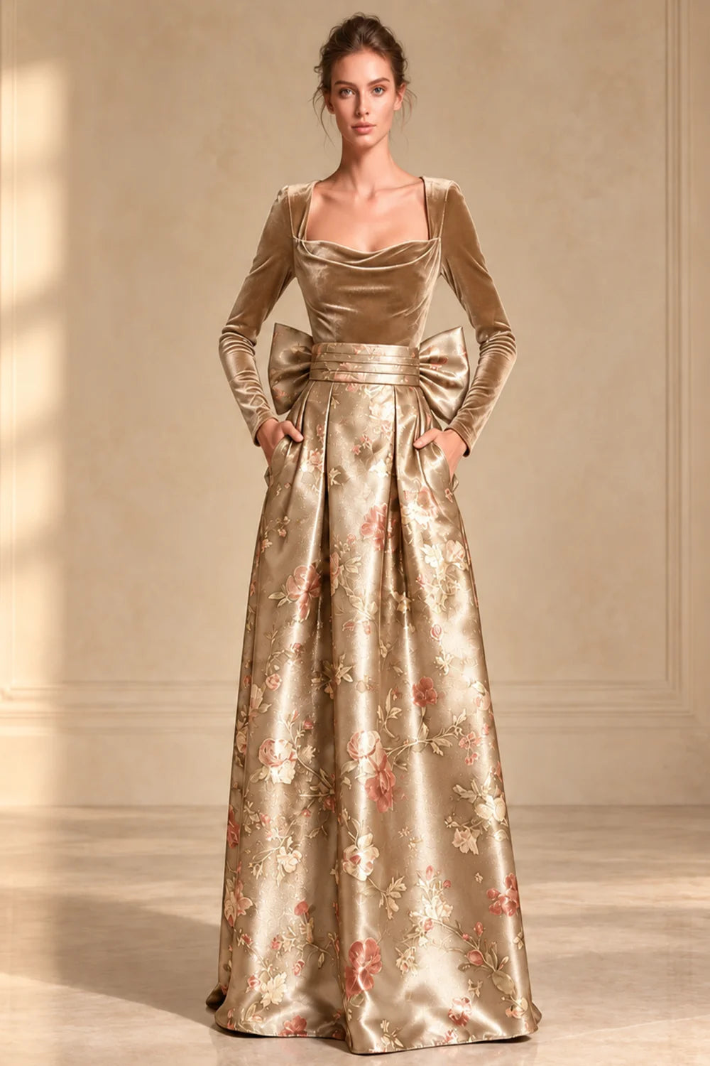 Front view of a gold dress with a dark bodice and full floral skirt.