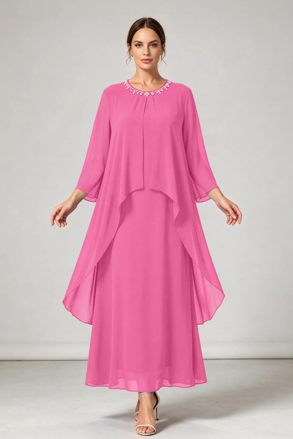 Royal Blue Beaded Neck Asymmetric Overlay Chiffon Mother of the Bride Dress