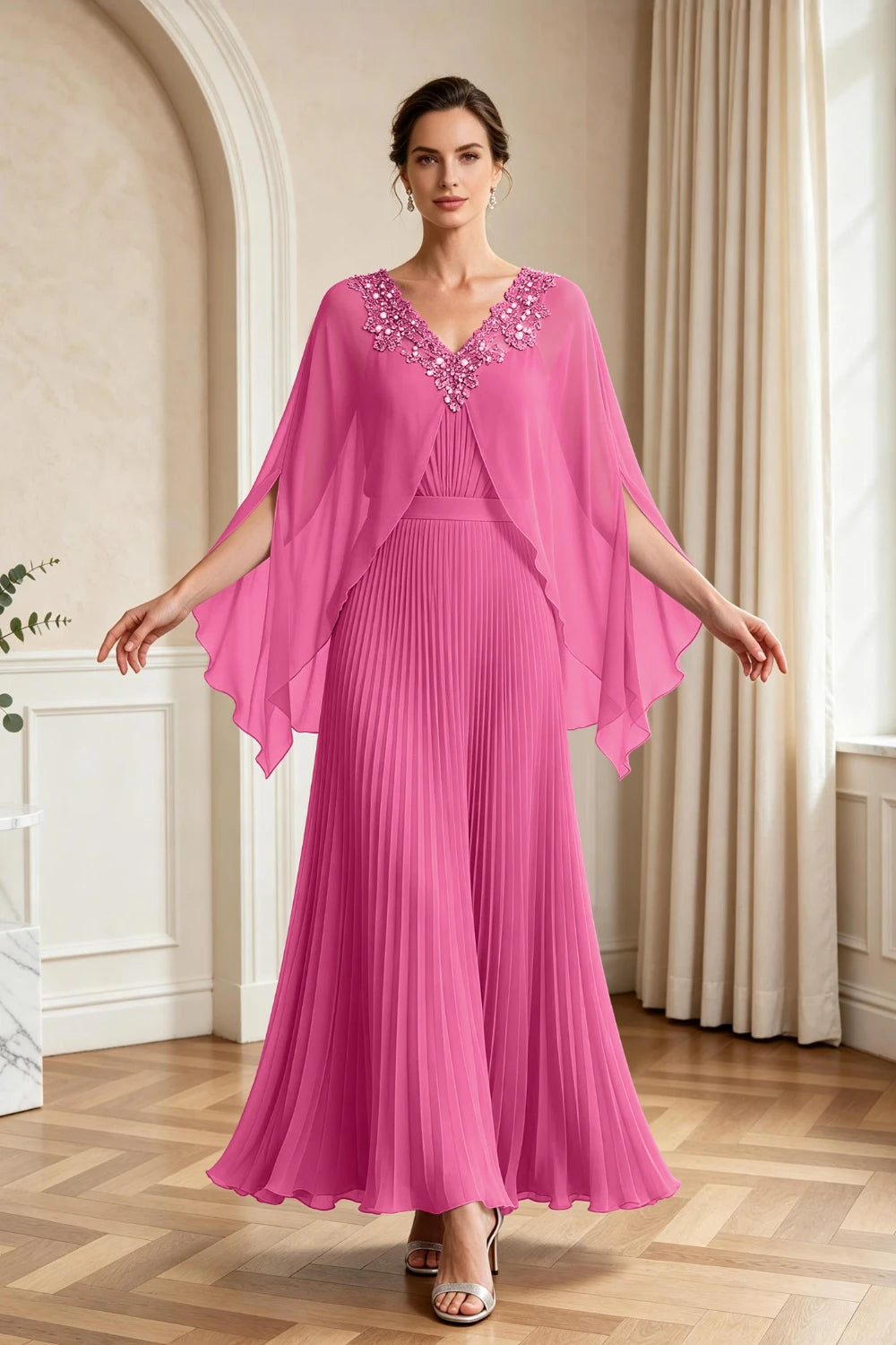 Lavender Pleated Cape Sleeve Chiffon Mother of the Bride Dress