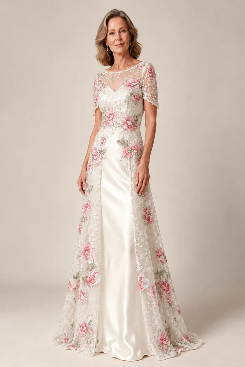 Front view of a ivory dress with a floral overlay and plain inner skirt.