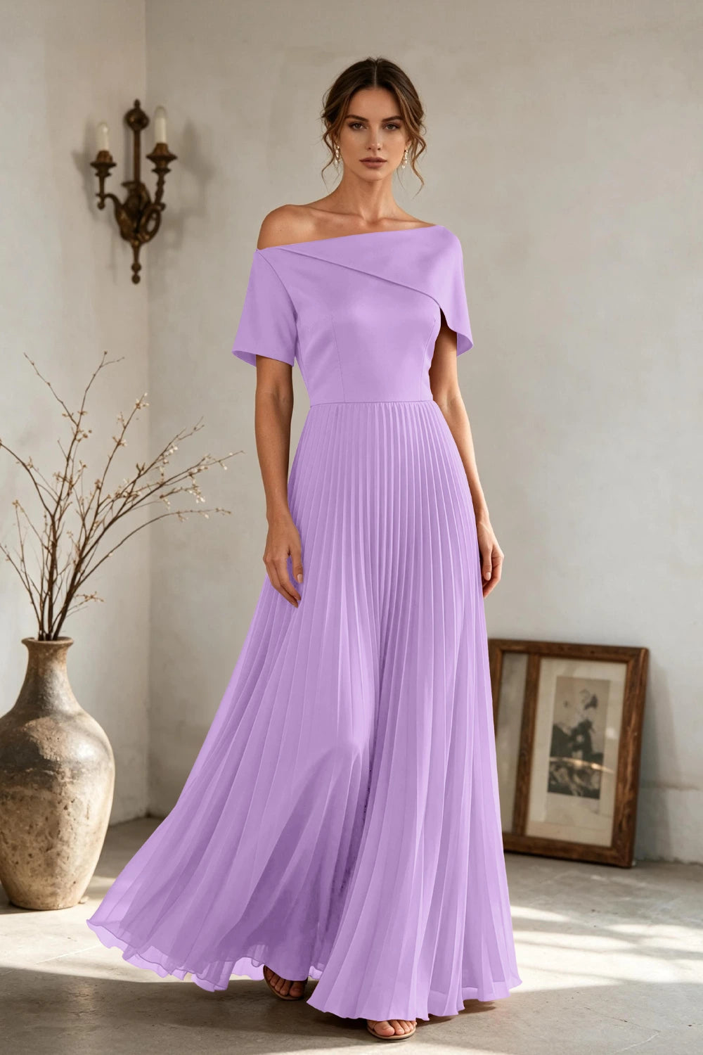 Copper Brown Off-Shoulder Draped Pleated Chiffon Floor-Length Dress