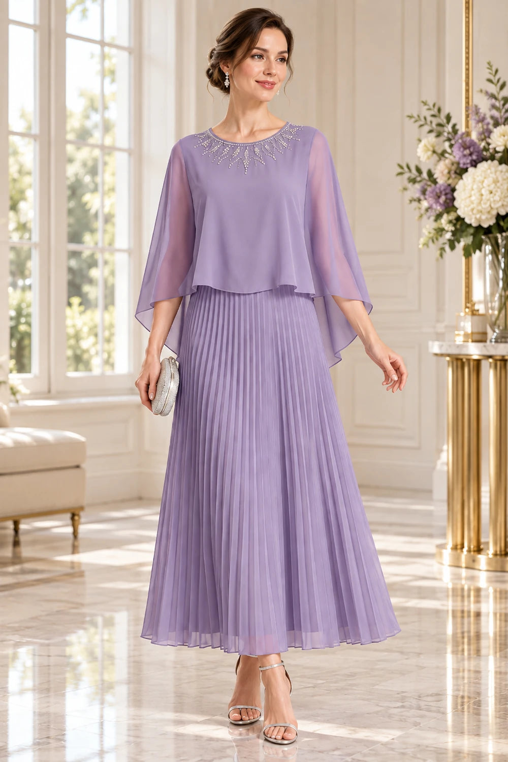 Beaded Cape Sleeve Pleated Chiffon Mother of the Bride Dress