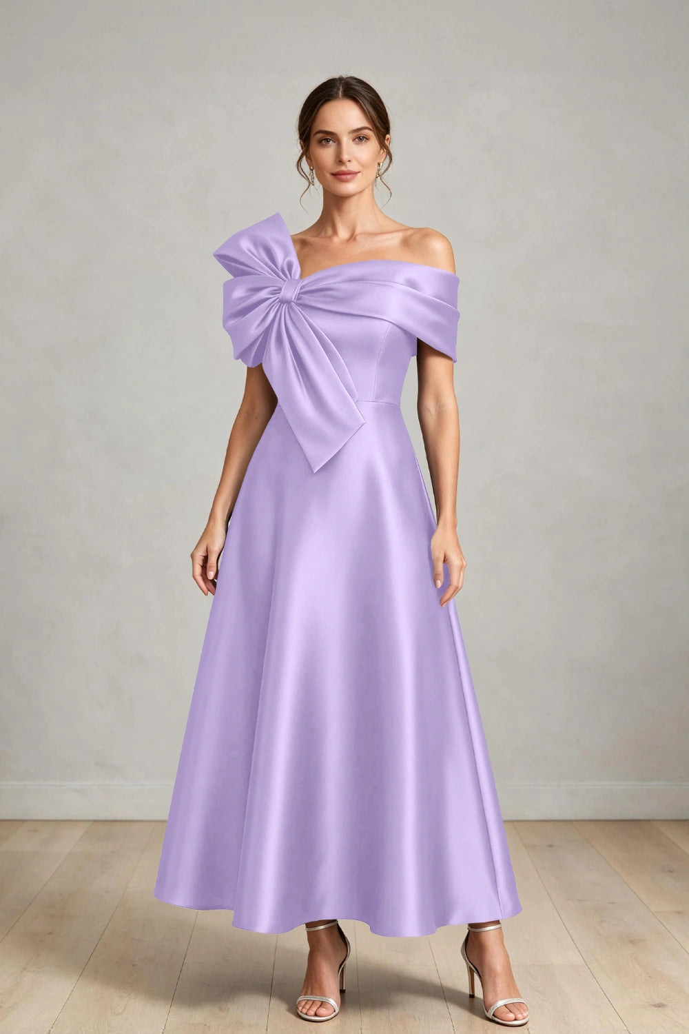Oversized Bow Off-Shoulder Satin Midi Mother of the Bride Dress