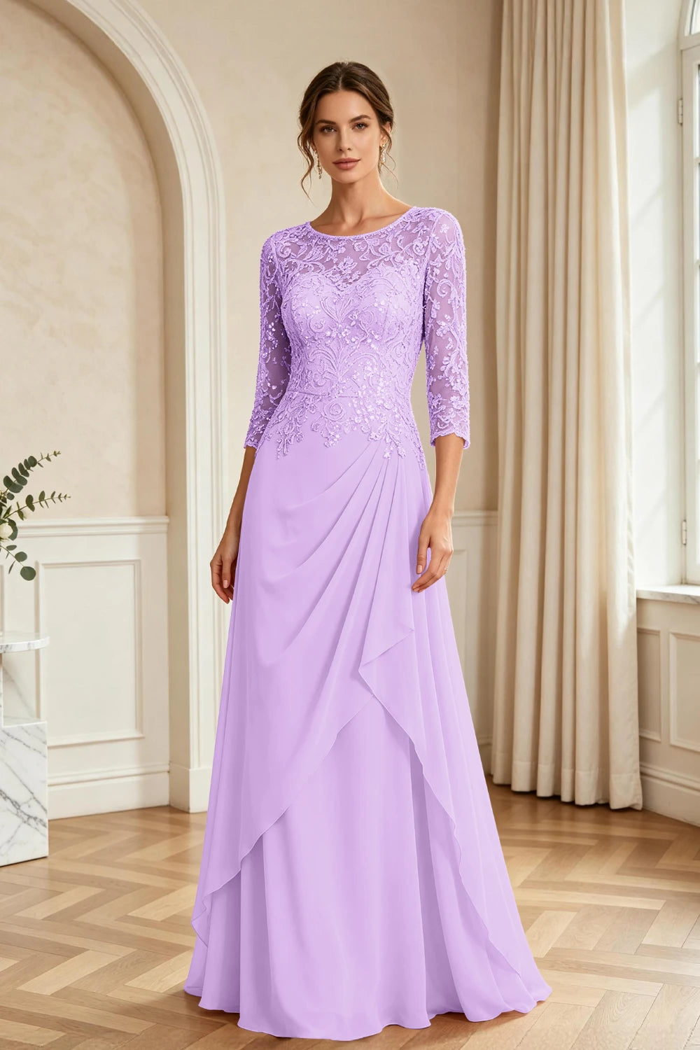 Dusty Rose Lace Bodice Three-Quarter Sleeve Draped Chiffon Floor-Length Dress
