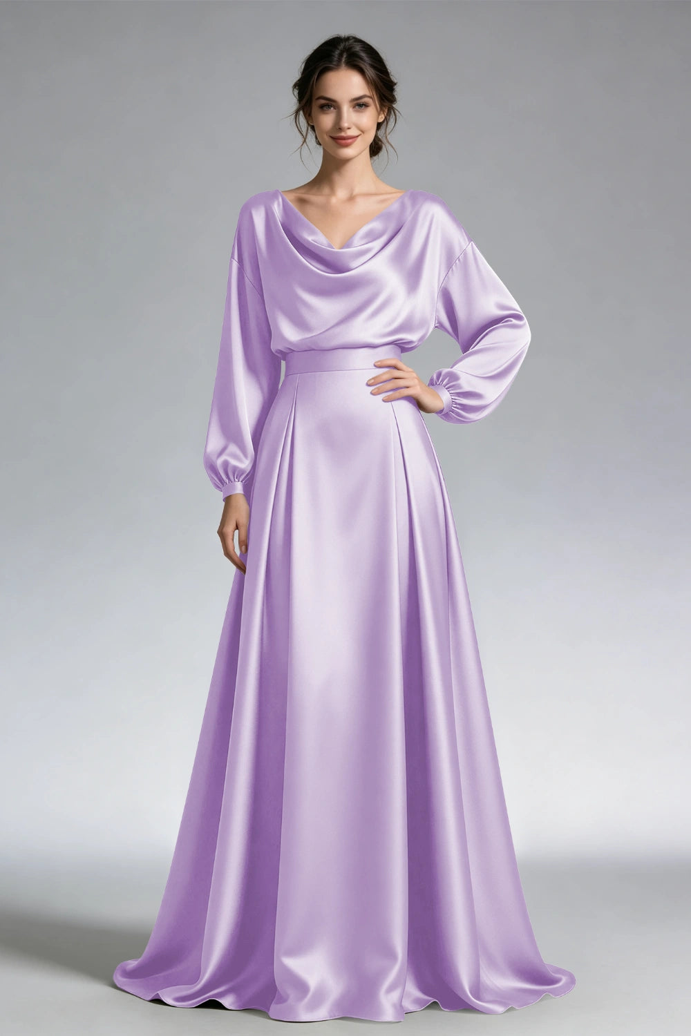 Front view of the lavender cowl-neck gown with loose long sleeves and a wide waistband.