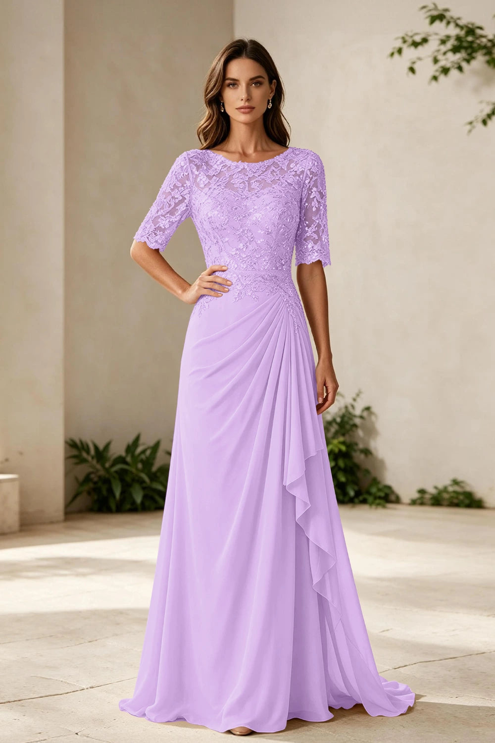 Champagne Lace Bodice Three-Quarter Sleeve Draped Side Chiffon Floor-Length Dress