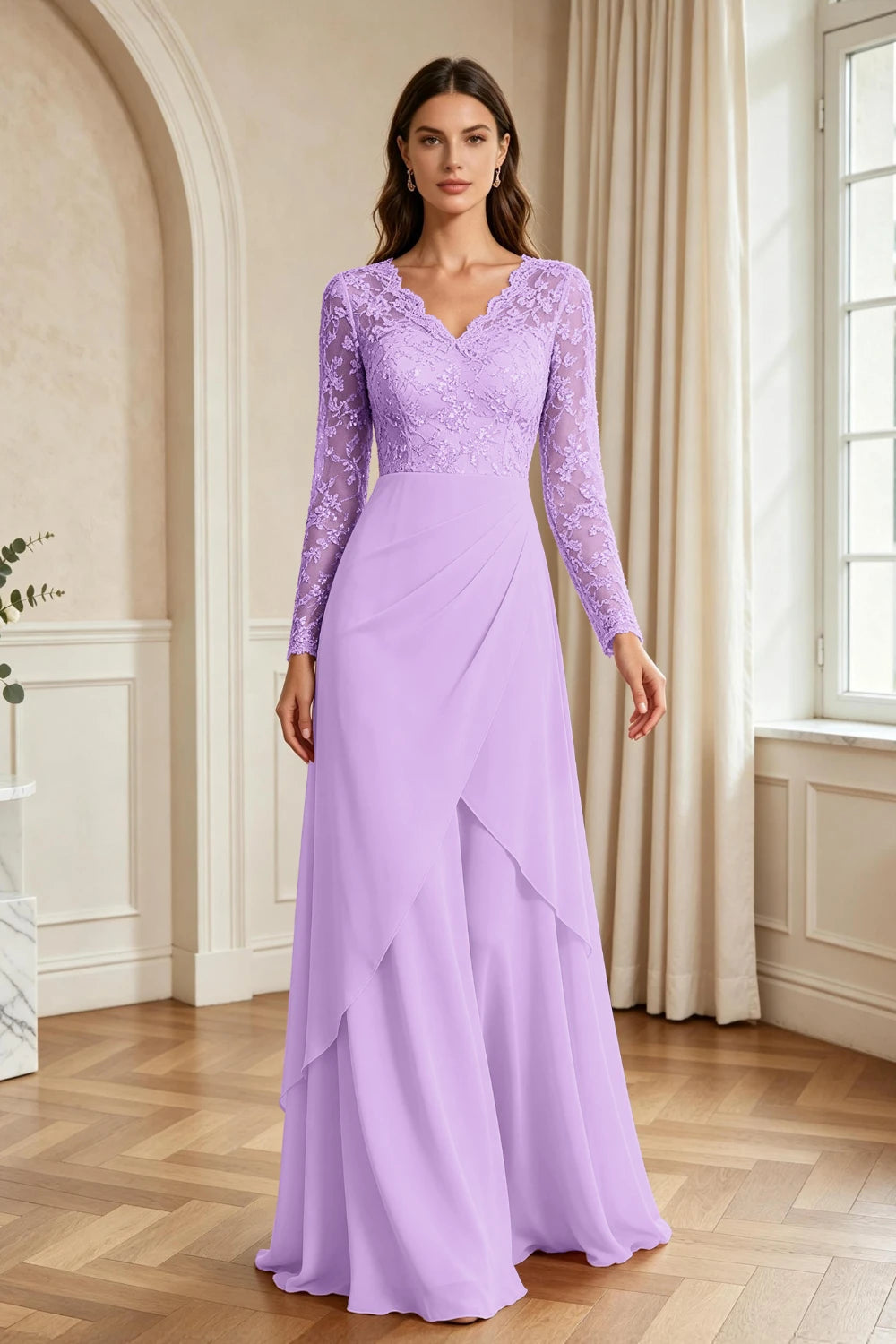 Mauve Lace Long-Sleeve Draped Ruffle Chiffon Floor-Length Dress