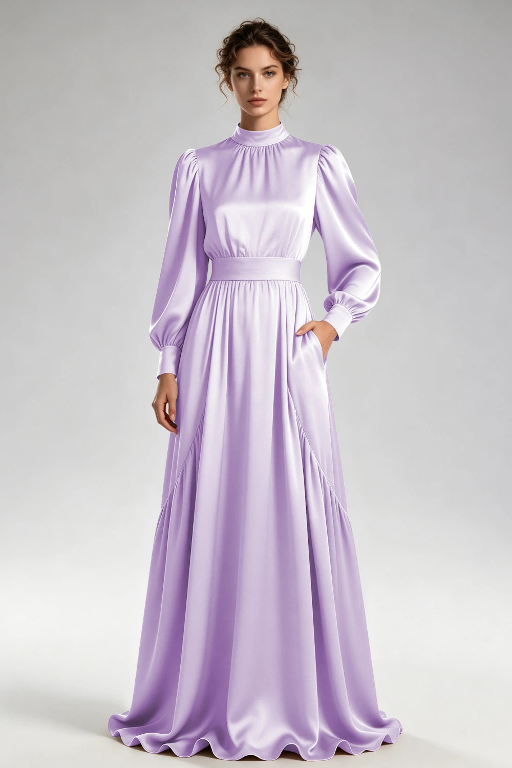 Front view of the lavender high-neck gown with bishop sleeves and a wide waistband.