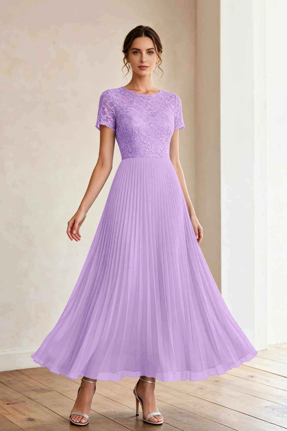 Dusty Blue Lace Short Sleeve Pleated Chiffon Tea-Length Dress