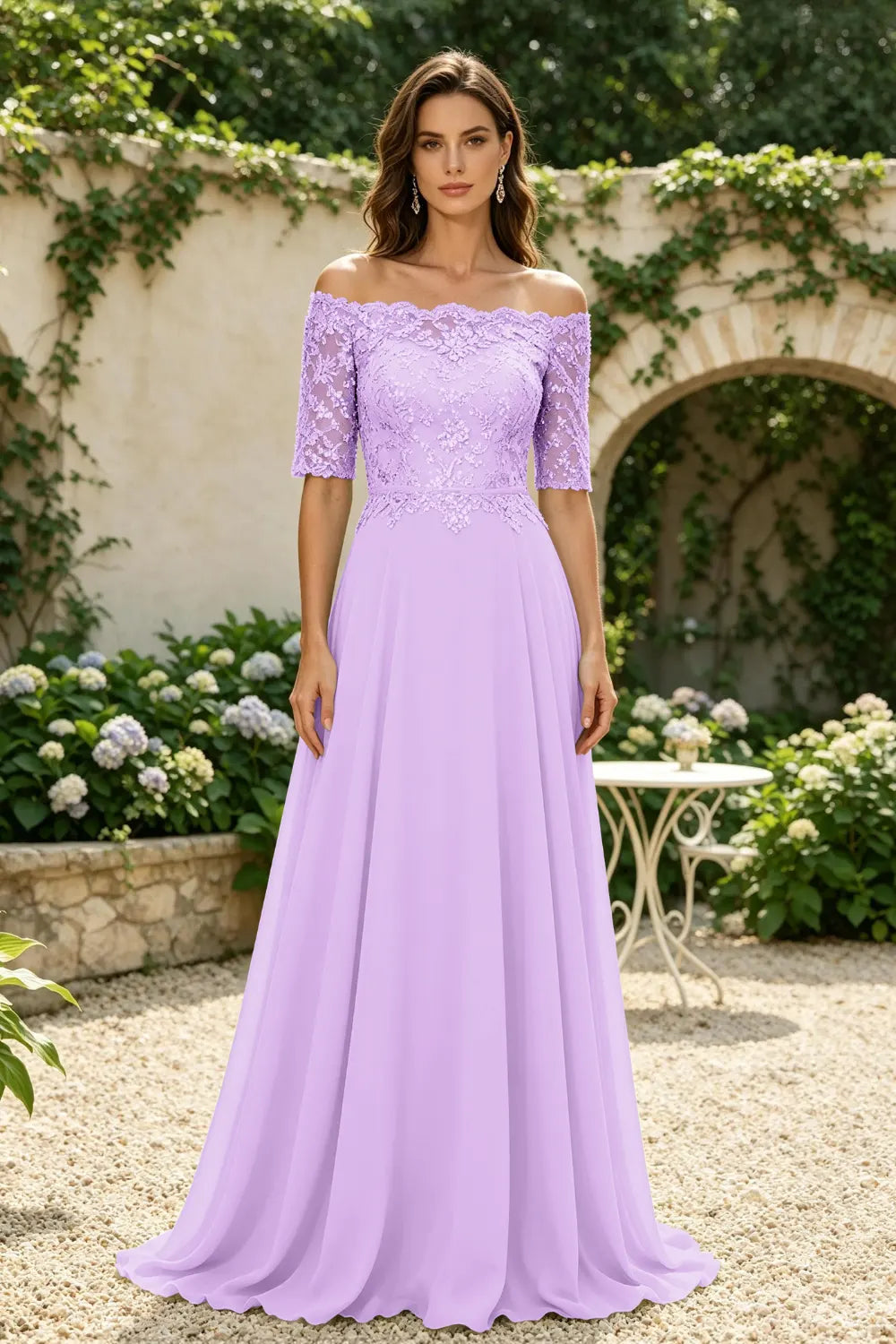 Sage Green Off-Shoulder Lace Bodice A-Line Chiffon Floor-Length Dress