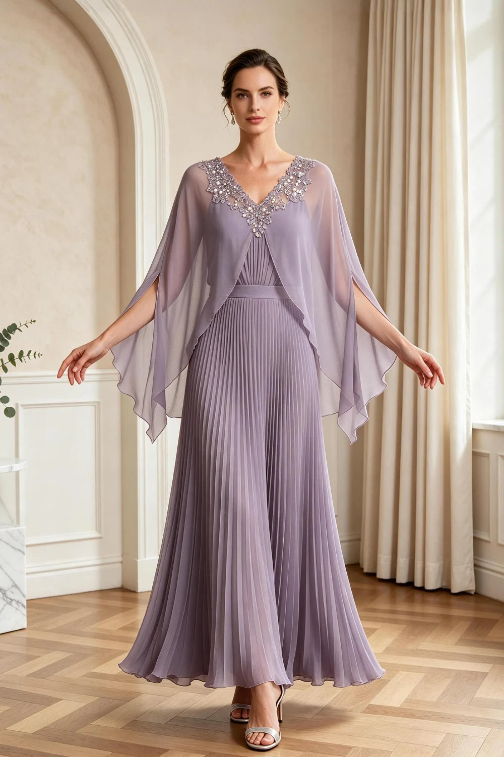 Lavender Pleated Cape Sleeve Chiffon Mother of the Bride Dress