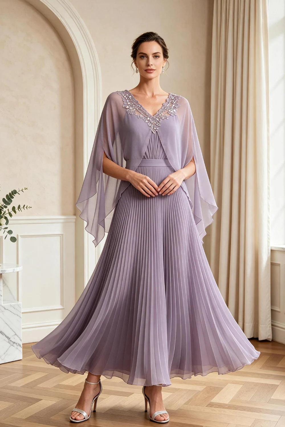 Lavender Pleated Cape Sleeve Chiffon Mother of the Bride Dress