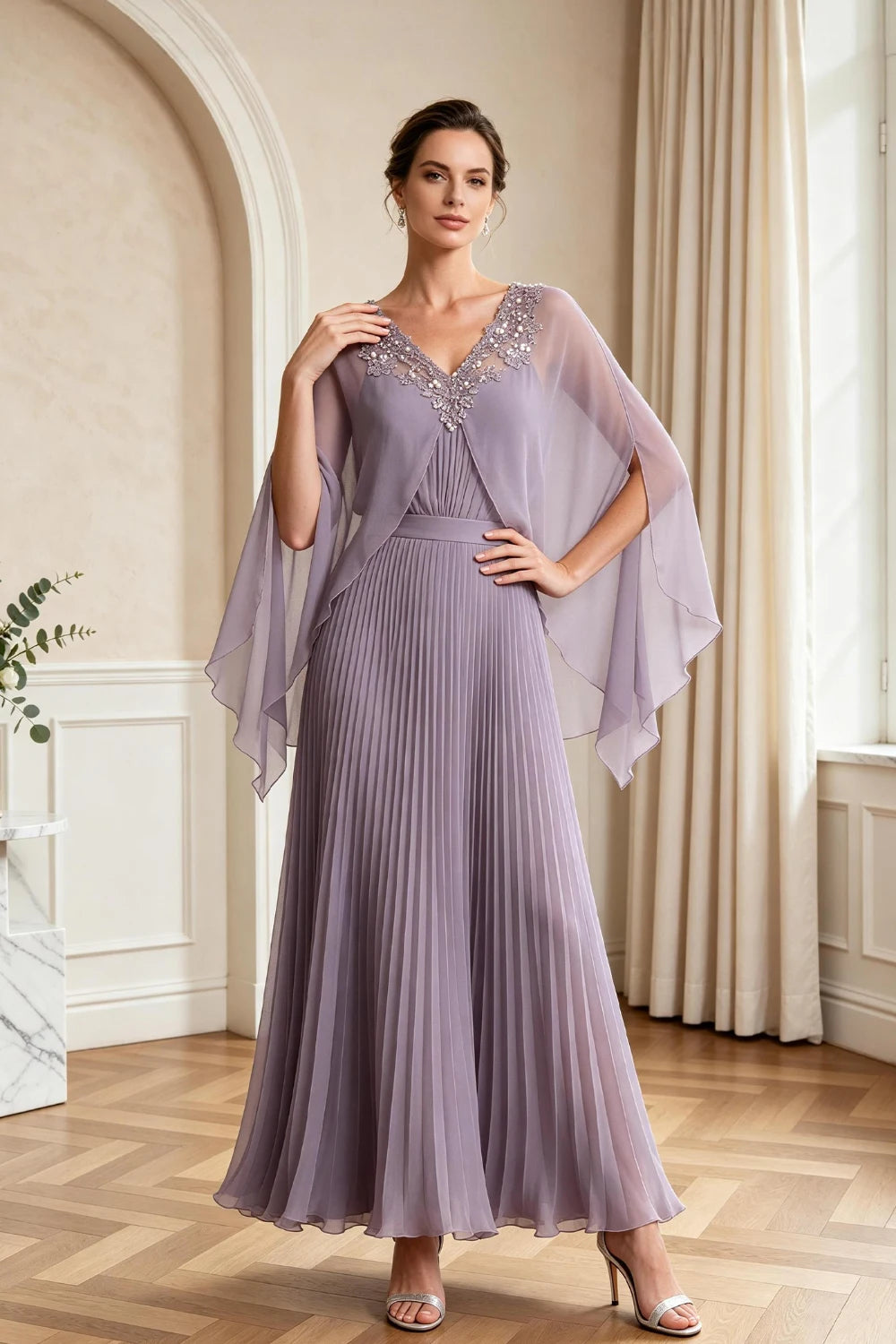 Lavender Pleated Cape Sleeve Chiffon Mother of the Bride Dress