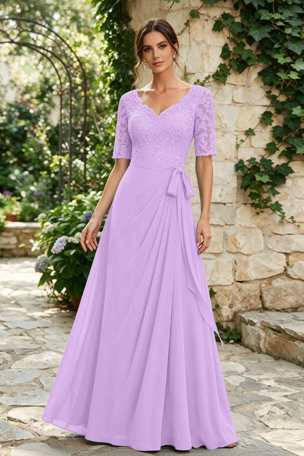 Dusty Blue Lace Elbow-Sleeve Sash Chiffon Floor-Length Dress