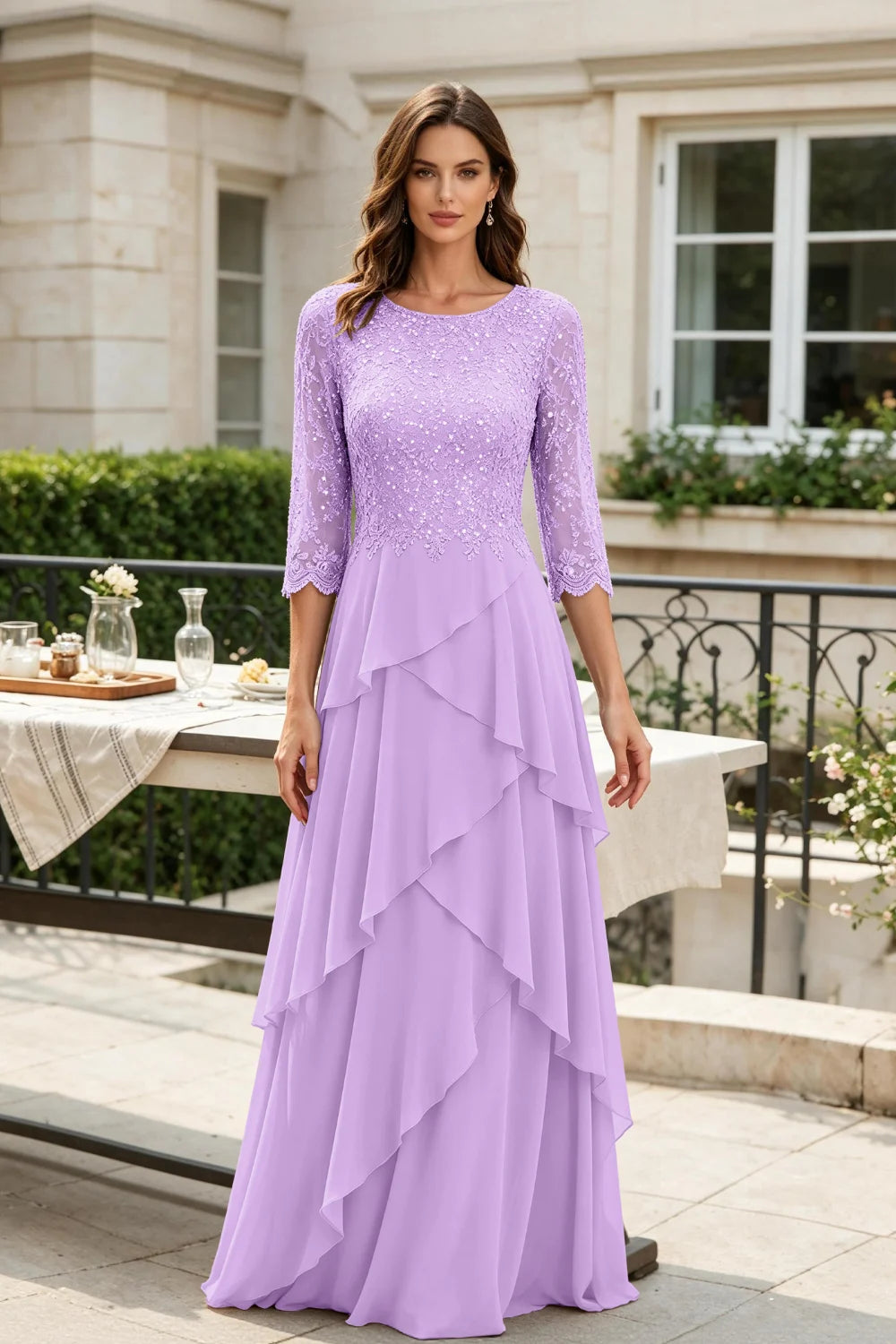Gray Sequin Lace Bodice Three-Quarter Sleeve Tiered Ruffle Chiffon Floor-Length Dress