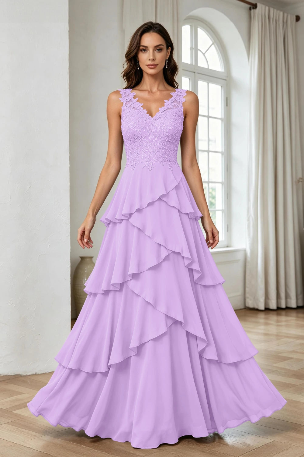 Silver Gray Lace Sleeveless Tiered Chiffon Floor-Length Dress