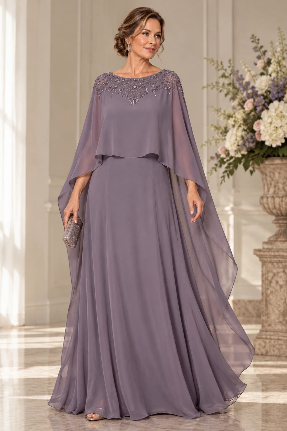 Mauve Decorated Neck Long Cape Mother of the Bride Gown