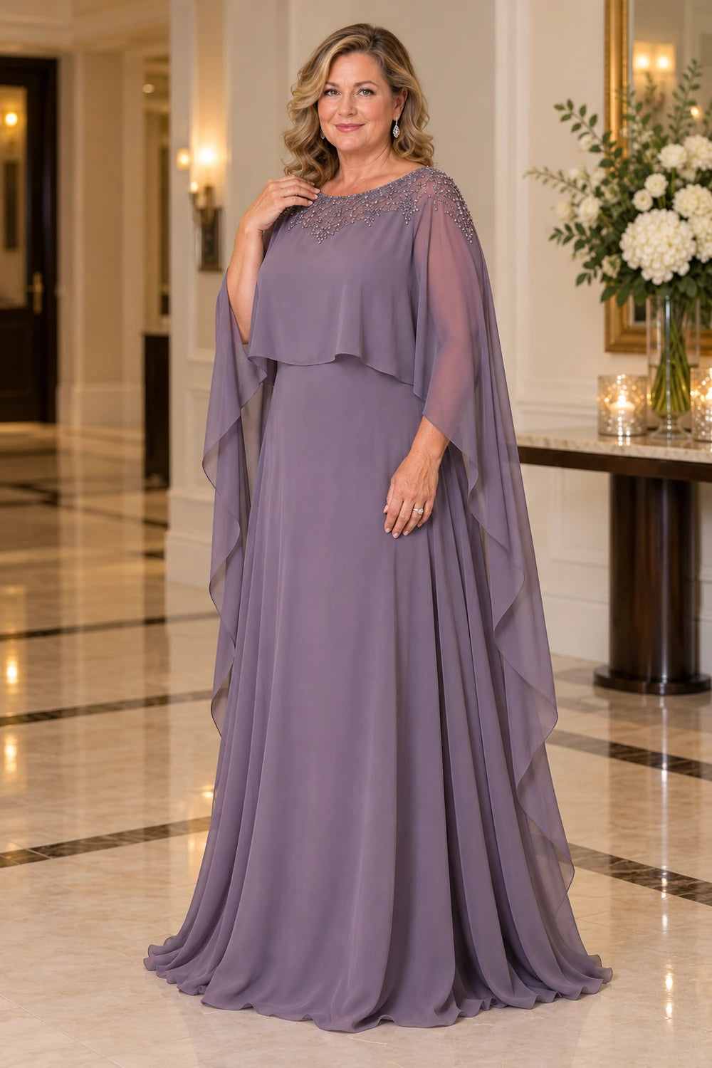 Mauve Decorated Neck Long Cape Mother of the Bride Gown