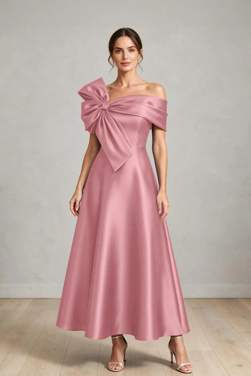 Oversized Bow Off-Shoulder Satin Midi Mother of the Bride Dress