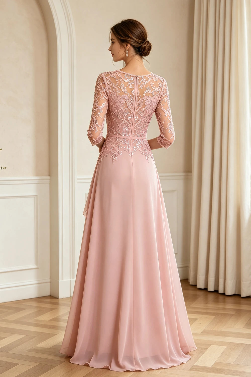 Dusty Rose Lace Bodice Three-Quarter Sleeve Draped Chiffon Floor-Length Dress