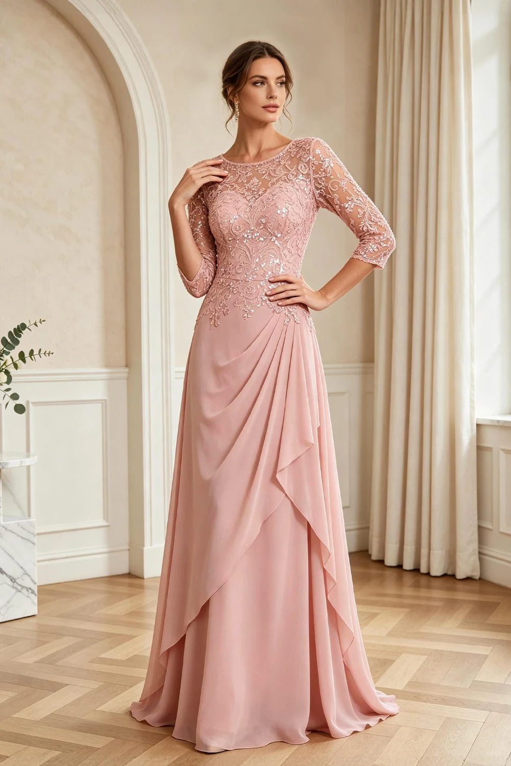 Dusty Rose Lace Bodice Three-Quarter Sleeve Draped Chiffon Floor-Length Dress