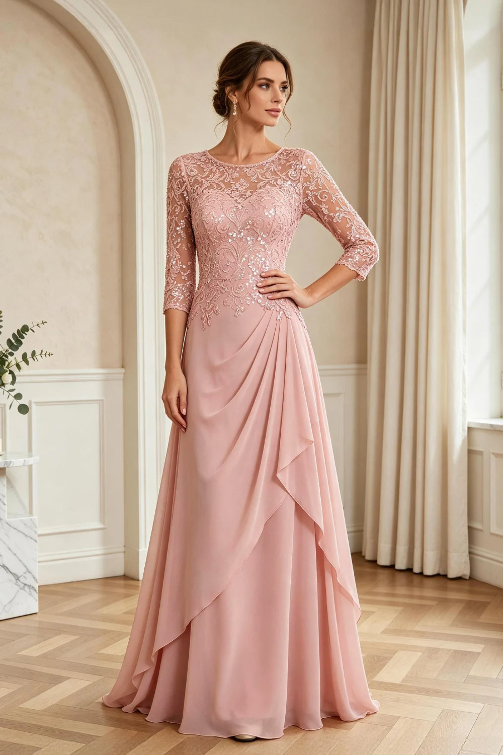 Dusty Rose Lace Bodice Three-Quarter Sleeve Draped Chiffon Floor-Length Dress
