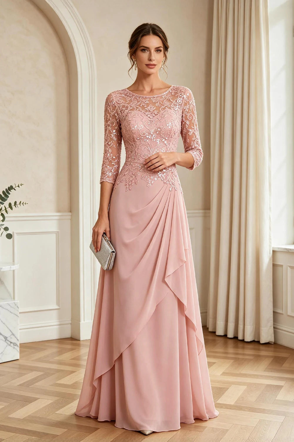 Dusty Rose Lace Bodice Three-Quarter Sleeve Draped Chiffon Floor-Length Dress