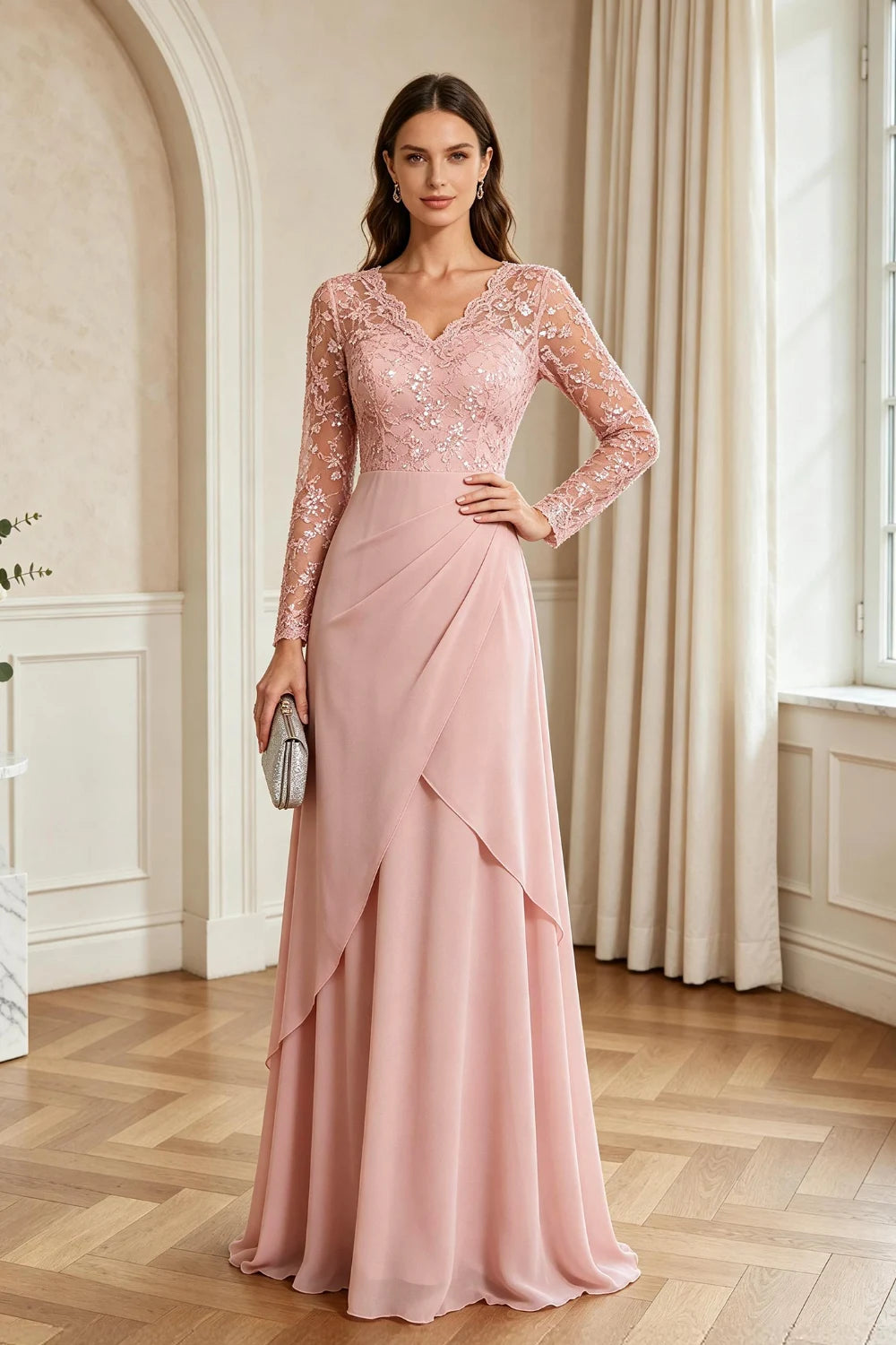 Mauve Lace Long-Sleeve Draped Ruffle Chiffon Floor-Length Dress