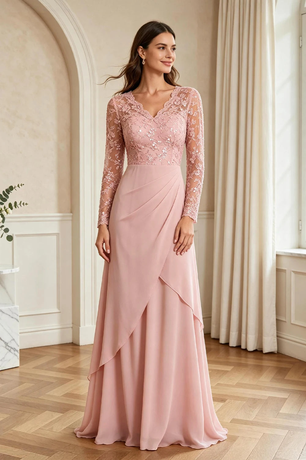 Mauve Lace Long-Sleeve Draped Ruffle Chiffon Floor-Length Dress