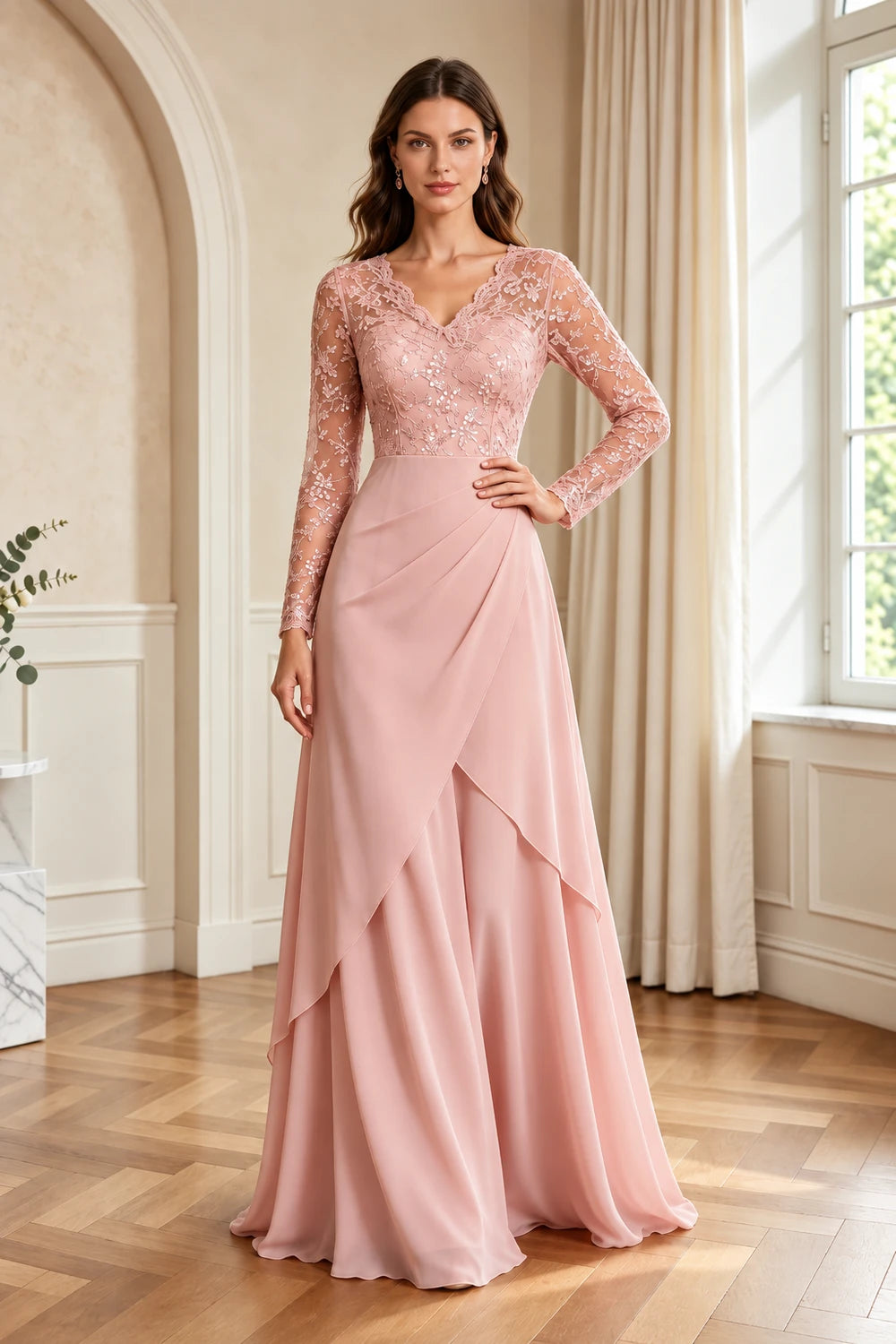 Lace Long-Sleeve Draped Ruffle Chiffon Floor-Length Dress