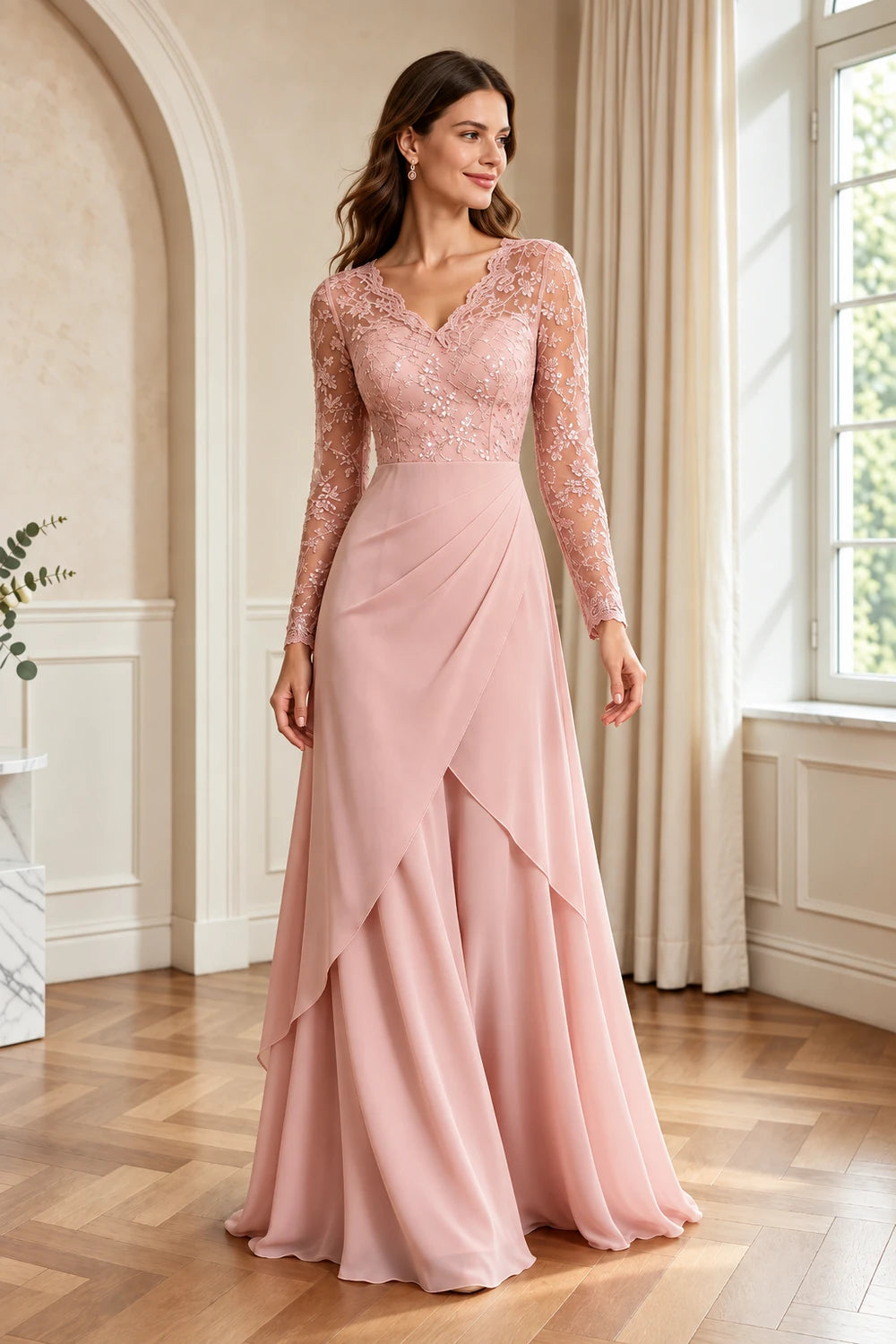 Lace Long-Sleeve Draped Ruffle Chiffon Floor-Length Dress
