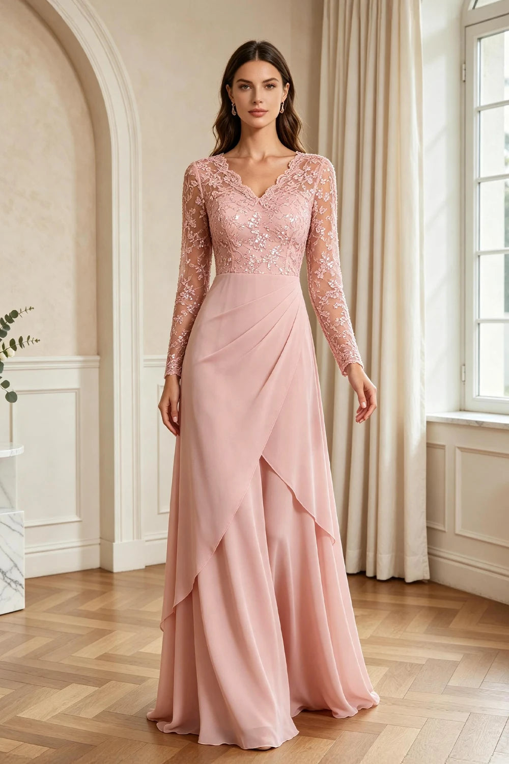 Mauve Lace Long-Sleeve Draped Ruffle Chiffon Floor-Length Dress