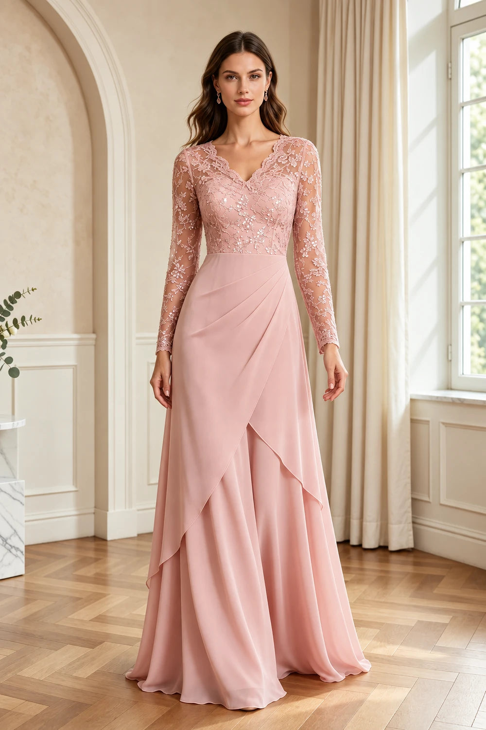 Lace Long-Sleeve Draped Ruffle Chiffon Floor-Length Dress