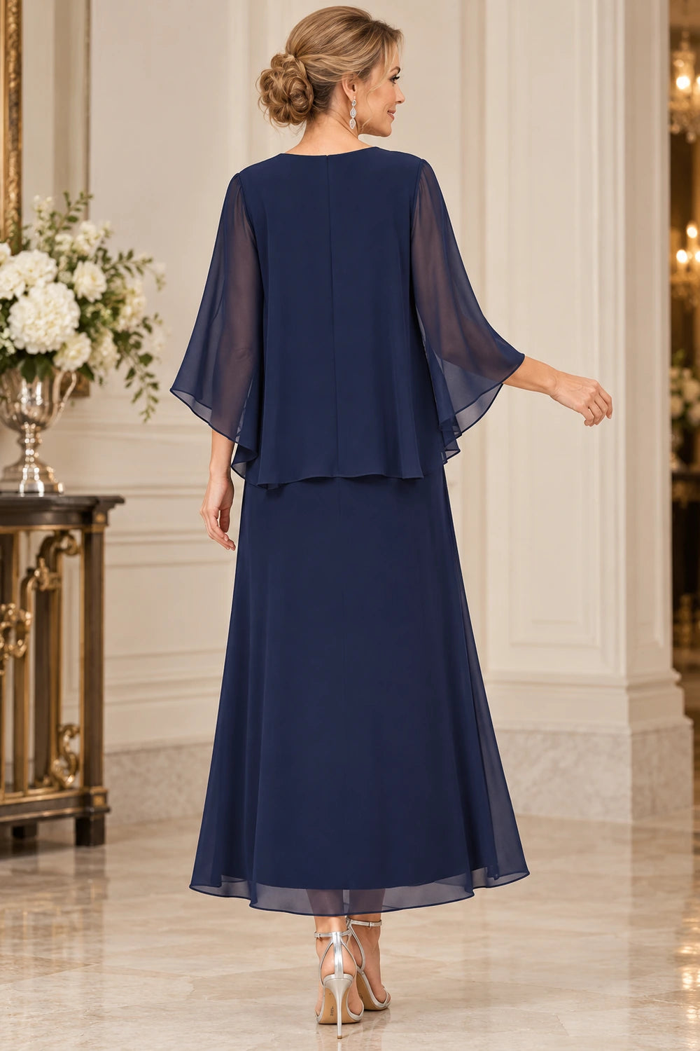 Navy Blue Beaded Overlay Ankle-Length Mother of the Bride Dress